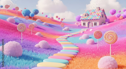 Vibrant Candyland Dreamscape: A Fantasy Landscape with a Whimsical House and Lollipops