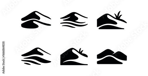 vector solid black filled icons drift (sand): dunes soft curves wind marks sparse plants warm light shadows.