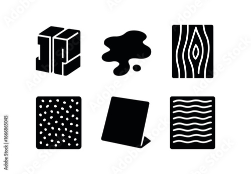 vector solid black filled icons letterpress printer (close up): metal letters ink smear wood grain paper texture shadow fine details.