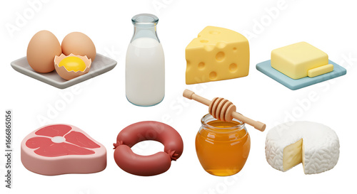 3D Food Icons: A Wholesome Collection of Dairy, Meat, and Honey Products
