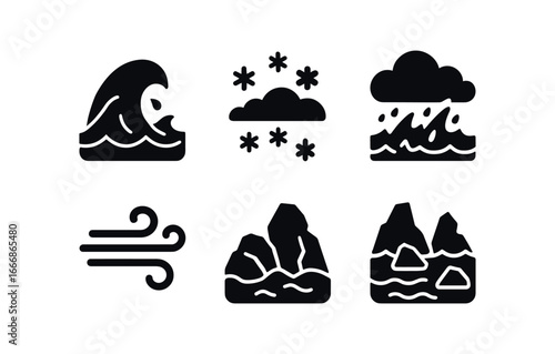 vector solid black filled icons icy shoreline (storm): crashing waves snow dark sky ice spray cold wind rugged rocks.