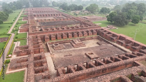 Aerial drone shot of the ancient ruins of Nalanda University in Bihar, India, UNESCO World Heritage Site and historic center of learning