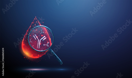 Blood drop with magnifying glass and antibodies inside. Immunology, serological testing, diagnostics, immune system, monoclonal therapy, biotechnology medicine concept