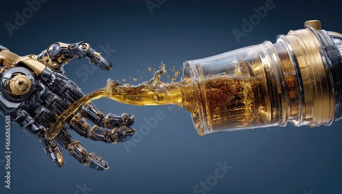 A metallic robot arm reaches for a glass of liquid, a splash erupting