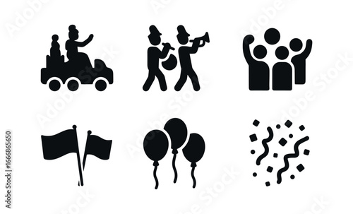 vector solid black filled icons civic celebration (parade): floats marching waving crowd flags balloons confetti.