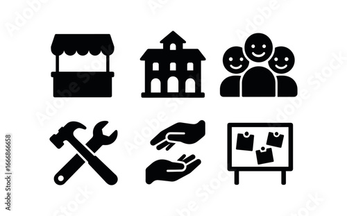 vector solid black filled icons fair mindedness (community): market stalls town hall smiling people shared tools helping hands notice board.