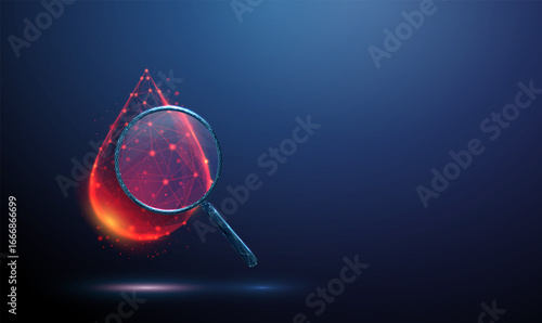 3d drop of blood under a magnifying glass. Blood testing, treatment monitoring, infection detection, immune response, personalized medicine, medical research concept.