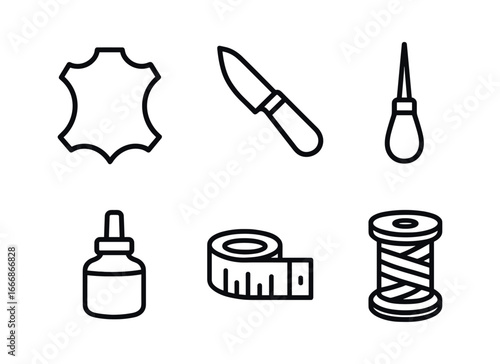 vector outline icons tanner (workbench): leather hide cutting knife stitching awl glue pot measuring tape thread spool.