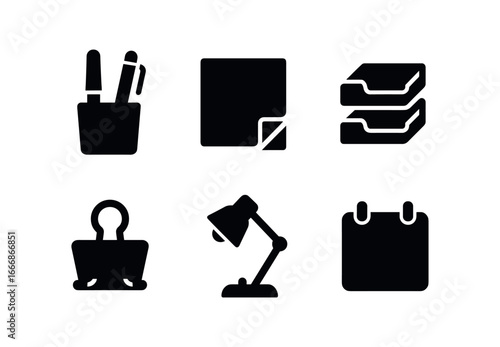 vector solid black filled icons desk organizer (office): pen holders sticky notes trays clips lamp calendar.
