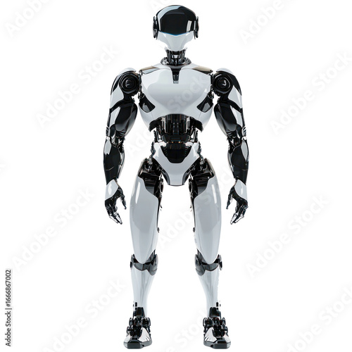 A humanoid robot with a sleek, metallic body and a helmet on its head, standing against a transparent background