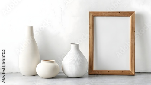Mockup Frame with Vases on a Table Against a White Wall for Interior Design Presentation