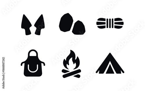 vector solid black filled icons fletcher (historic style): horn tips stone heads sinew binding leather apron fire tent.