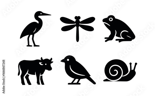 vector solid black filled icons terrace field (wildlife): egret bird dragonfly field frog buffalo calf sparrow snail shell.