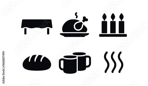 vector solid black filled icons folk tradition event (feast): long tables roasted food candles bread mugs warm air.