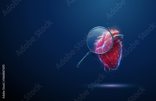 3d human heart under magnifying glass. Cardiac diagnostics, disease detection, heart disease research, healthcare monitoring, medical analysis concept.