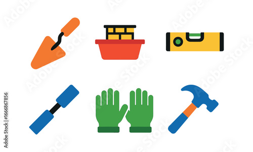 vector colorful filled icons mason (tool set): trowel mortar board level chisel gloves hammer.