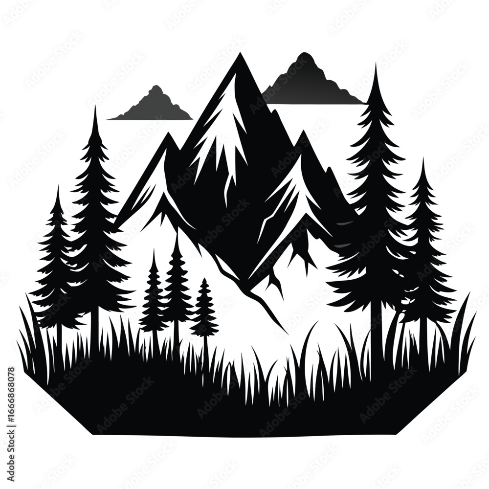Obraz premium Black Silhouette Landscape Mountains, Trees, Clouds, and Grass Vector Illustration, Nature Graphic