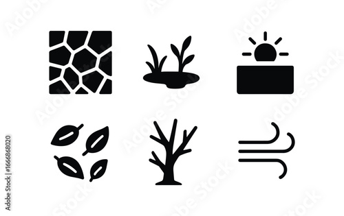 vector solid black filled icons vernal pool (dry season): cracked mud sparse plants low light scattered leaves bare branches dry air.