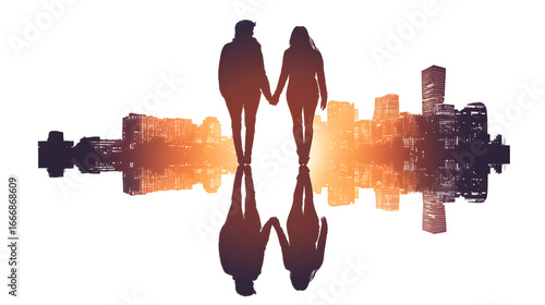 Silhouette of a Couple Holding Hands Reflected Over a Cityscape Against a Transparent Background