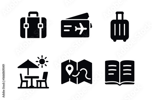 vector solid black filled icons children phase (travel scene): packed suitcase boarding pass rolling bag sunny terrace travel map open journal.
