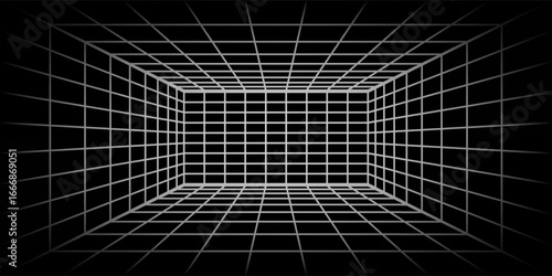 Wallpaper Mural Futuristic perspective grid box. Abstract wireframe with white grid line on black background. Torontodigital.ca