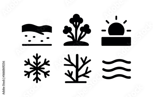 vector solid black filled icons tundra (daylight): snow covered ground shrubs pale sky frost low sun still air.