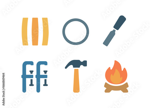 vector colorful filled icons cooper (barrel making): wooden staves metal hoops chisel clamps hammer fire pit.