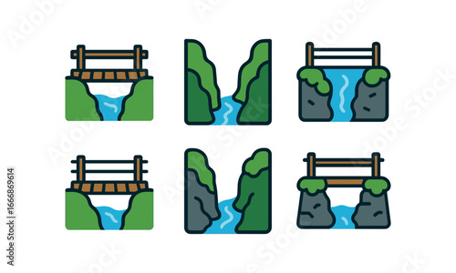 vector colorful filled icons gorge (bridge crossing): wooden bridge narrow gap flowing water handrail moss stone base.