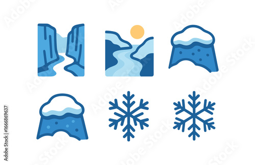 vector colorful filled icons gorge (winter scene): icy walls stream snow frost crystals pale light stillness.