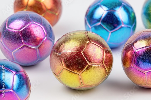 Colorful iridescent soccer balls in a cluster