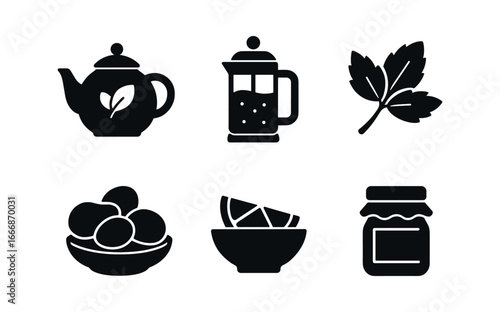 vector solid black filled icons tea set on table (herbal session): herb teapot glass infuser mint sprig ginger slices plate citrus wedge bowl small honey jar.