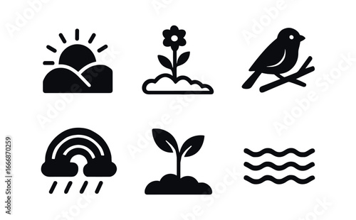 vector solid black filled icons faint hope (nature): sunrise over hills lone flower in snow bird on branch rainbow after rain seedling in soil calm water.