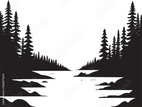 Black silhouette of pine trees lining a river forest