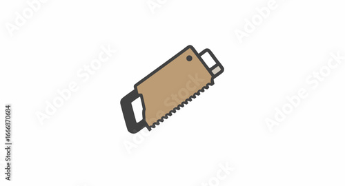 A simple stylized illustration of a brown handsaw with a dark grey handle and a thick black outline featuring a serrated blade.