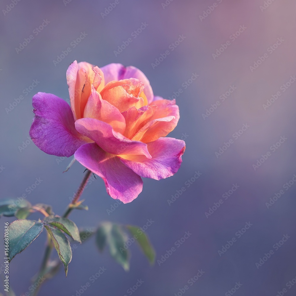 Obraz premium A single, vibrant rose, tinged with soft orange and vibrant purple, blooms against a muted, pastel background. Soft light highlights the delicate petals and stem