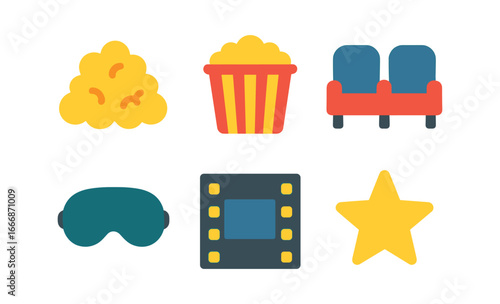 vector colorful filled icons watching movie together (popcorn bucket): popcorn heap bucket outline two seats shadow film strip star dot.