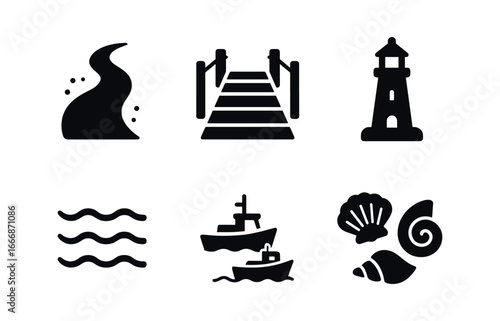 vector solid black filled icons evening stroll (coastal path): sandy walkway wooden boardwalk small lighthouse gentle waves fishing boats seashells.