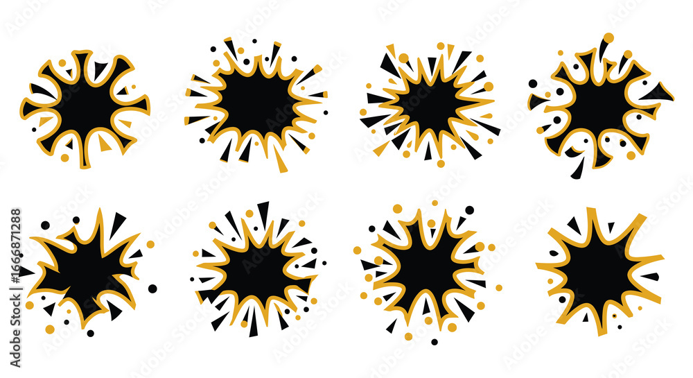 Eight black and yellow paint splatters on a white background in various sizes and shapes