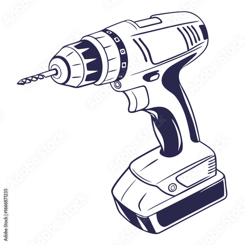 Detailed Vector Illustration of a Cordless Drill with Drill Bit.