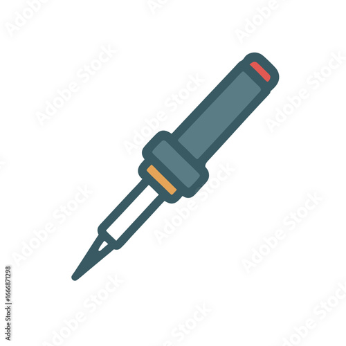 Flat design soldering iron icon with a bluegrey handle and pointed metal tip.