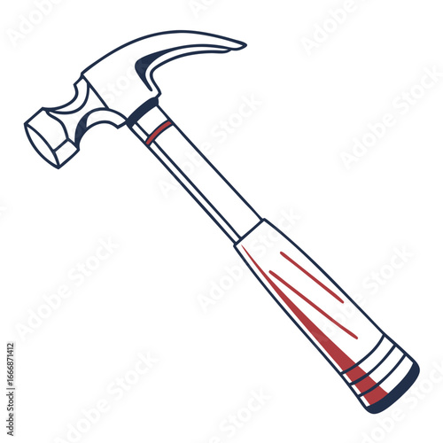 Illustrated claw hammer with a steel head and red accents on the handle A simple line art style tool for construction and repair.