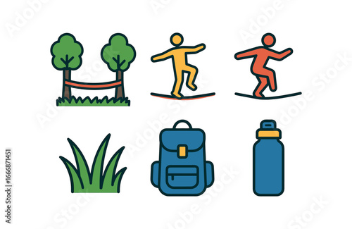 vector colorful filled icons slackline tricks (park setting): line between trees barefoot performer balancing pose grass backpack water bottle.
