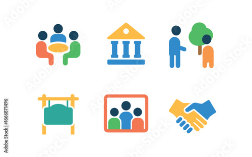 vector colorful filled icons trustfulness (community): group meeting town hall neighbors chatting welcome sign group photo handshake.