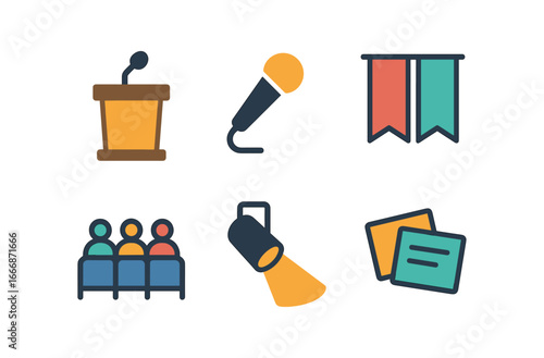 vector colorful filled icons middle school stage (speech event): podium microphone banners seating spotlight note cards.