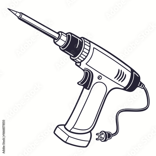 Monochrome line art soldering gun with a sharp pointed tip and power cord.