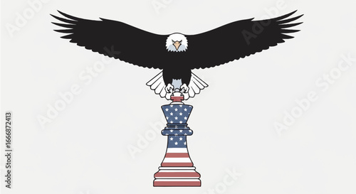 Bald eagle soaring above chess piece adorned with American flag pattern, symbolizing strategy and national pride on a clean white canvas.
