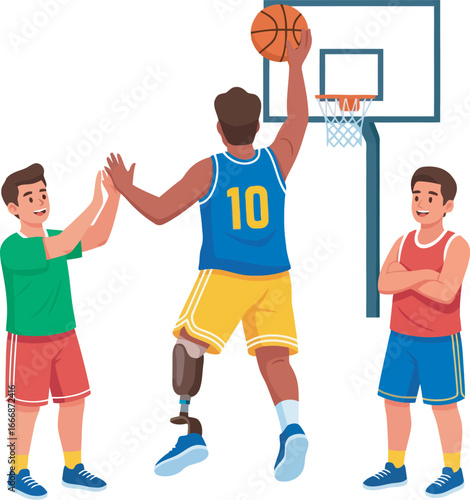 A basketball player with a prosthetic leg prepares to shoot, cheered on by two boys.