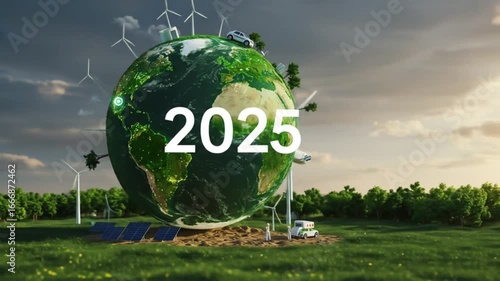 Sustainable future envisioned for 2025 with clean energy, electric cars, and a thriving planet