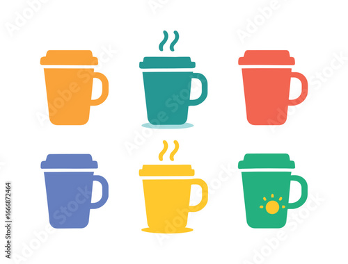 vector colorful filled icons coffee to cup (travel mug): mug silhouette handle curve lid seam shadow smear plume temperature icon.