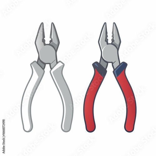 Stylized graphic illustration of grey combination pliers one complete and one broken apart.